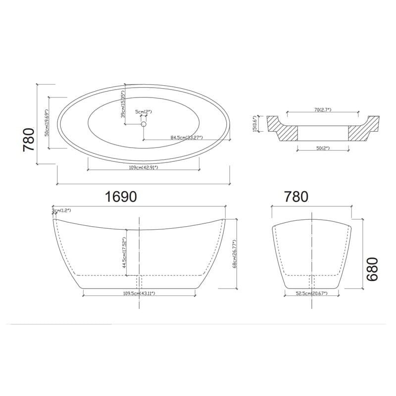 BT 281BK CURO Free Standing Bath Tub 1700mm - Gloss White Inside, Matte Black Outside