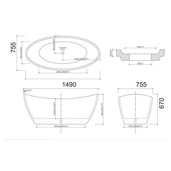 ZENMO Bathtubs BT 281S BRAVO Free Standing Bath Tub 1500 (Plug Included)