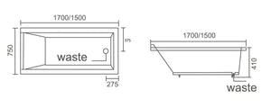 ZENMO Bathtubs BT 817A CHELSEA Insert Rectangle Bath Tub with Tile Lip 1700mm