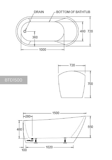 BTD1500 Dublin FREESTANDING BATHTUB 1500x720x700MM