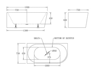 BTM1500L Milan LEFT CORNER BATHTUB 1500x750x600MM