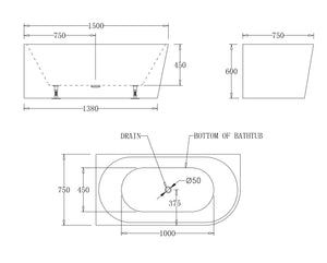 MILAN Spa Left Corner Bathtub 1500mm (Long) x 750mm (Wide) x 600mm (Height)