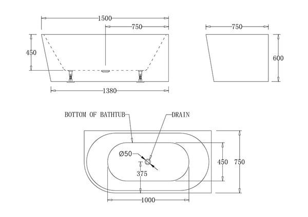 MILAN Spa Right Corner Bathtub 1500mm (Long) x 750mm (Wide) x 600mm (Height)