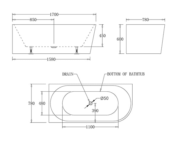MILAN Spa Left Corner Bathtub 1700mm (Long) x 780mm (Wide) x 600mm (Height)