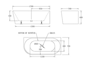 MILAN Spa Right Corner Bathtub 1700mm (Long) x 780mm (Wide) x 600mm (Height)