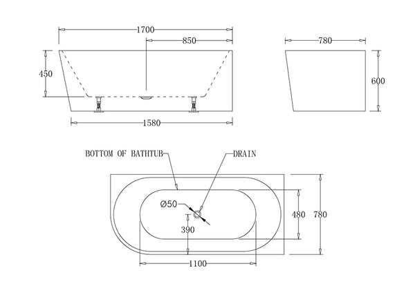 MILAN Spa Right Corner Bathtub 1700mm (Long) x 780mm (Wide) x 600mm (Height)