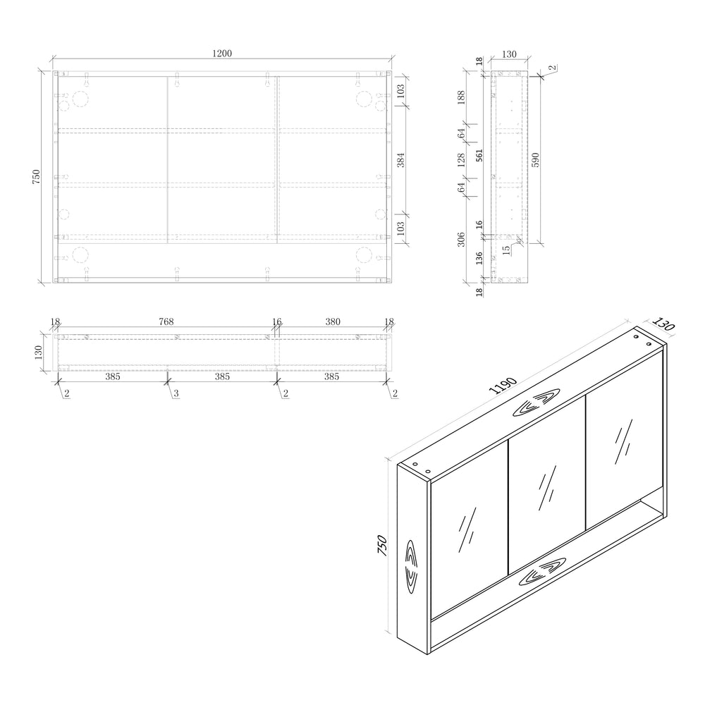 MIRO BONDI120 BONDI 1200x130x590mm Mirror Shaving Cabinet