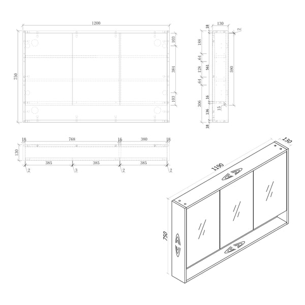 MIRO BONDI120 BONDI 1200x130x590mm Mirror Shaving Cabinet