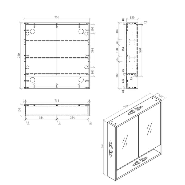 MIRO BONDI75 BONDI 750x130x590mm Mirror Shaving Cabinet