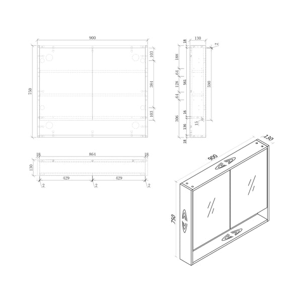 MIRO BONDI90 BONDI 900x130x590mm Mirror Shaving Cabinet