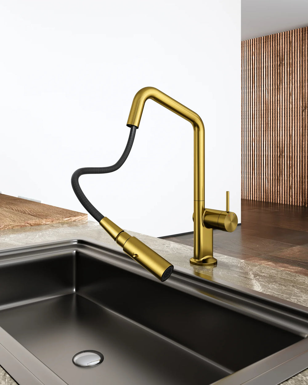 C-2AKMBG Navona Carysil Angle Brushed Yellow Gold Pull Out Kitchen Mixer
