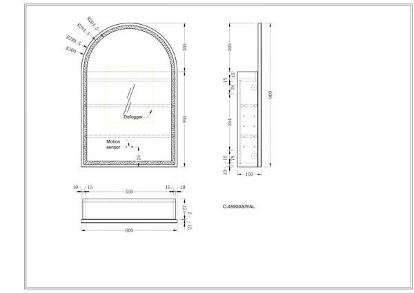 Trade Vanities C-6090ASMWL CARYSIL IMPERIAL 600X900MM MATTE WHITE ARCH LED SHAVING CABINET