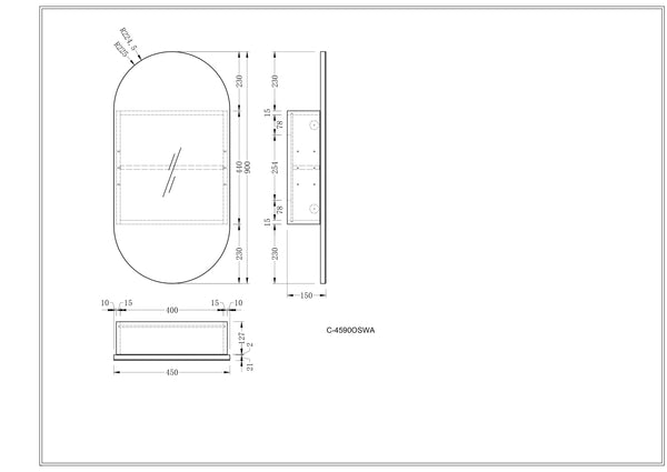 Trade Vanities C-4590OSMW CARYSIL NOBLE 450X900MM MATTE WHITE OVAL SHAVING CABINET