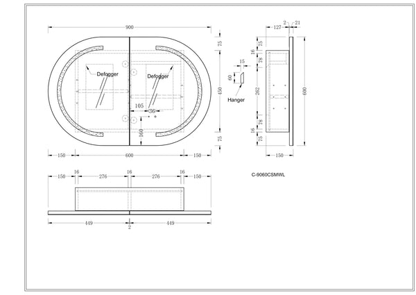Trade Vanities C-9060CSMWL CARYSIL MYSTIC 900X600MM MATTE WHITE OVAL LED SHAVING CABINET