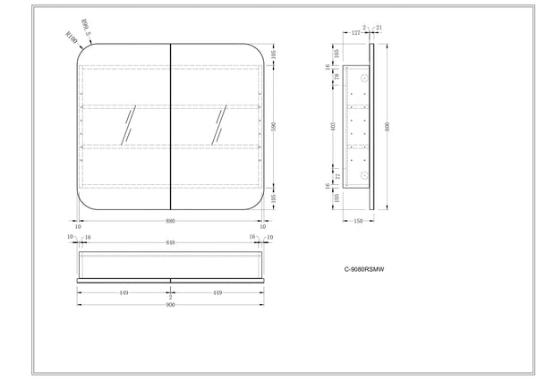 Trade Vanities C-9080RSMW CARYSIL 900X800MM GRAND MATTE WHITE SHAVING CABINET