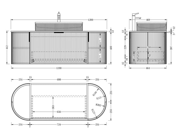 Trade Vanities CARYSIL 1200mm Fluted Wall Hung Vanity 1200 x 469 x 412mm