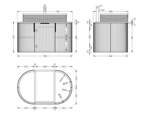 Trade Vanities CARYSIL 750mm Fluted Wall Hung Vanity 750 x 469 x 412mm