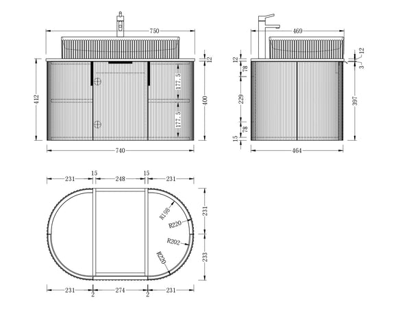 Trade Vanities CARYSIL 750mm Fluted Wall Hung Vanity 750 x 469 x 412mm