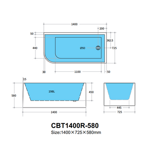 Corner CBT1400R-580 Right Corner BTW Bathtub NON OVERFLOW 1400*725*580mm