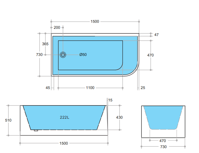 Corner CBT1500L-510 Left Corner BTW Bathtub NON OVERFLOW 1500*730*510mm