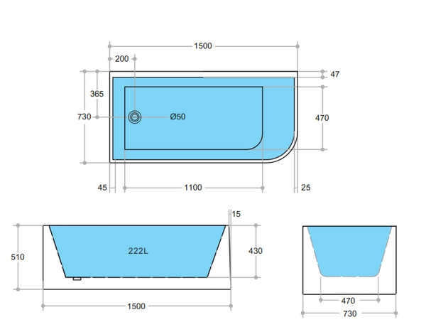 Corner CBT1500L-510 Left Corner BTW Bathtub NON OVERFLOW 1500*730*510mm