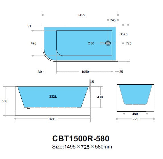 Corner CBT1500R-580 Right Corner BTW Bathtub NON OVERFLOW 1500*730*580mm
