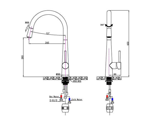 BUYG1021.KM ROUND BRUSHED YELLOW GOLD PULL OUT KITCHEN SINK MIXER TAP