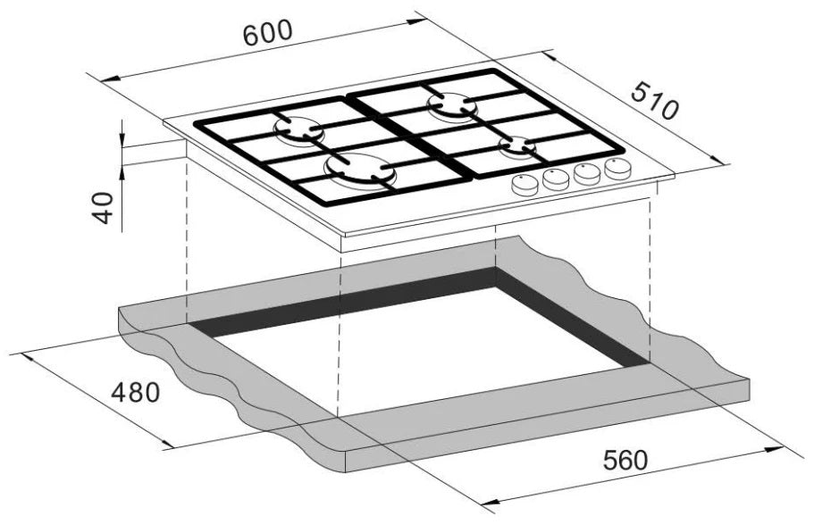 CARYSIL BUILT-IN BLACK GLASS 4 BURNER GAS HOB 60CM