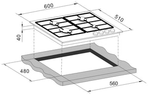 CARYSIL BUILT-IN BLACK GLASS 4 BURNER GAS HOB 60CM