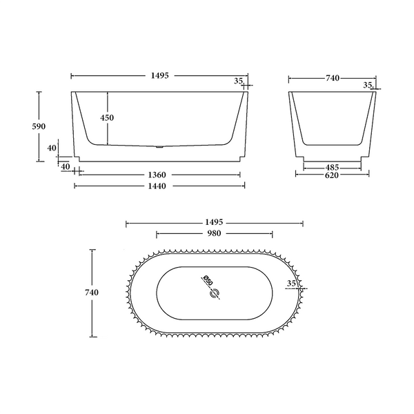 Noveen Bathtubs BTC1500 Cairo Freestanding Bathtub 1500mm