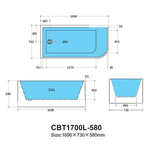Corner CBT1700L-580 Left Corner BTW Bathtub NON OVERFLOW 1700*730*580mm