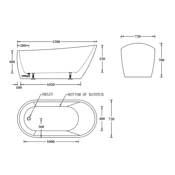 Noveen Bathtubs BTD1500 Dublin FREESTANDING BATHTUB 1500x720x700MM