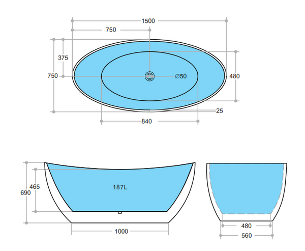 Evie EBT1500B Free Standing Bathtub Gloss Black and White Non Overflow 1500*750*590mm