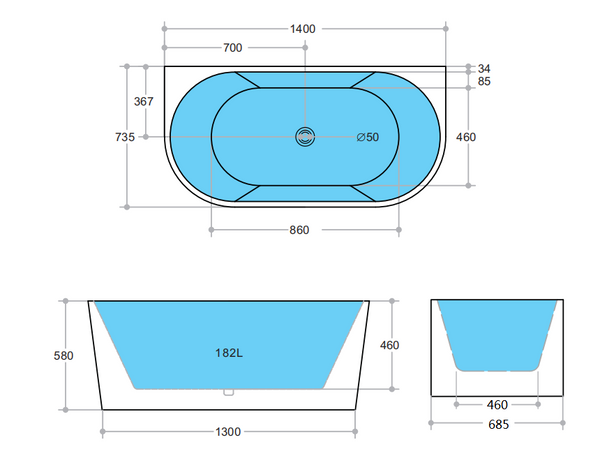 ELBT1400NF Elivia BTW Bathtub NON OVERFLOW 1400*735*580mm