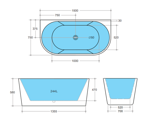 ELBT1500MW Elivia BTW Bathtub Matte White Non Overflow 1500*750*580mm