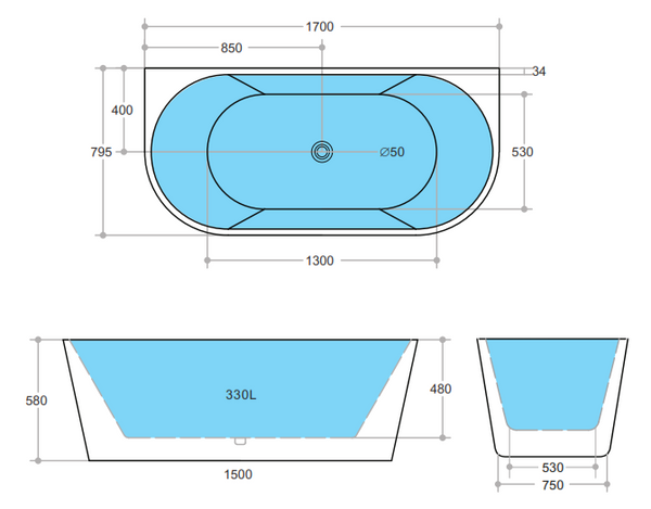 ELBT1700MW Elivia BTW Bathtub Matte White Non Overflow 1700*795*580mm