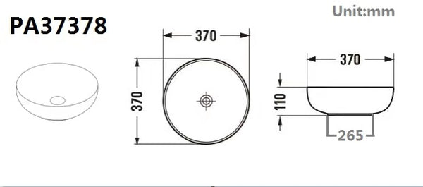 PA37378MB Above Counter Basin 370*370*110mm Matt Black