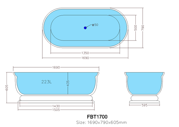 FBT1700 Free Standing Bathtub Non Overflow 1690*790*610mm