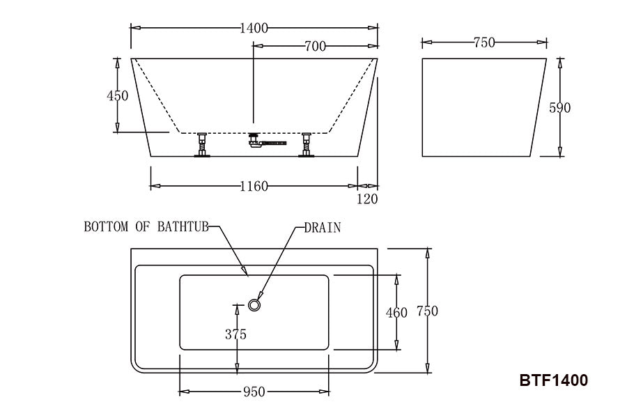 BTF1400 Florence BACK TO WALL BATHTUB 1400x750x590MM