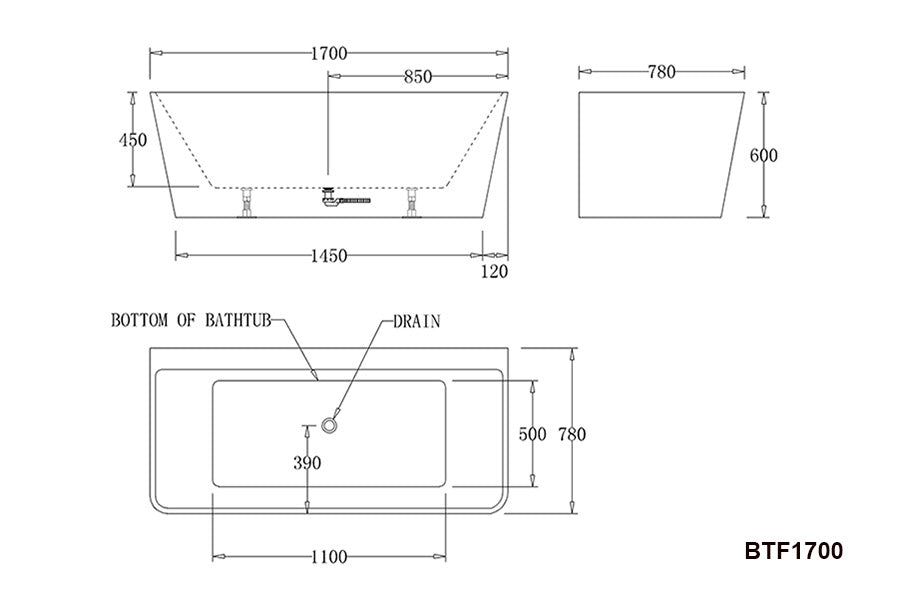 BTF1700-BLACK-SPA SPA Florence BACK TO WALL SPA BATHTUB 1700x780x600MM