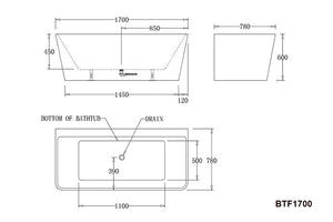 BTF1700-BLACK-SPA SPA Florence BACK TO WALL SPA BATHTUB 1700x780x600MM