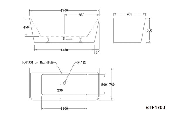 BTF1700-BLACK-SPA SPA Florence BACK TO WALL SPA BATHTUB 1700x780x600MM