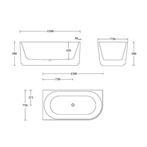 Noveen Bathtubs BTG1500L Genova Left Corner Bathtub 1500mm (Long) x 750mm (Wide) x 580mm (Height)