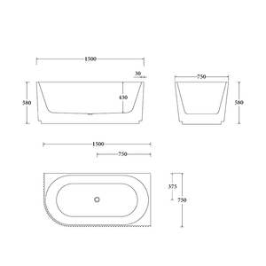 Noveen Bathtubs BTG1500R Genova Right Corner Bathtub 1500mm (Long) x 750mm (Wide) x 580mm (Height) (Copy)