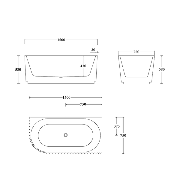 Noveen Bathtubs BTG1500R Genova Right Corner Bathtub 1500mm (Long) x 750mm (Wide) x 580mm (Height) (Copy)