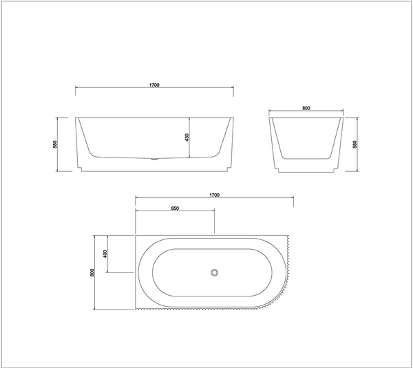BTG1700L Genova Left Corner Bathtub 1700mm (Long) x 800mm (Wide) x 580mm (Height)