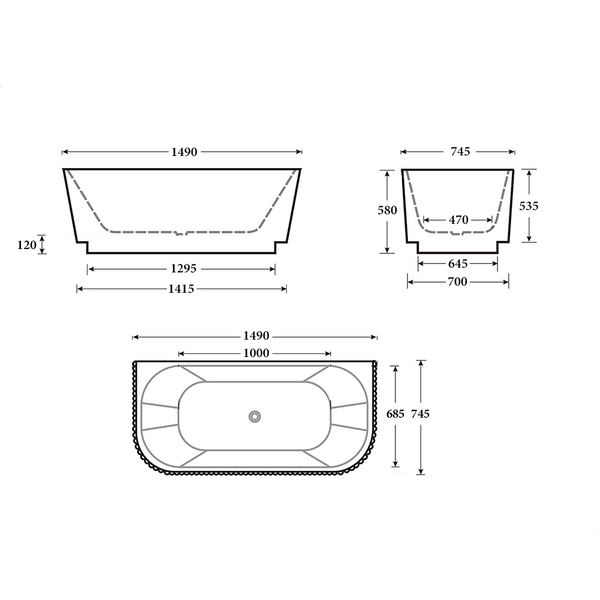 Noveen Bathtubs BTH1500 Havana Back To Wall Bathtub 1490mm (Long) x 745mm (Wide) x 580mm (Height)