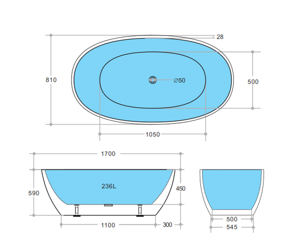 Stella MWBT-5-1700 Free Standing Bathtub Matte White Non Overflow 1700*810*590mm