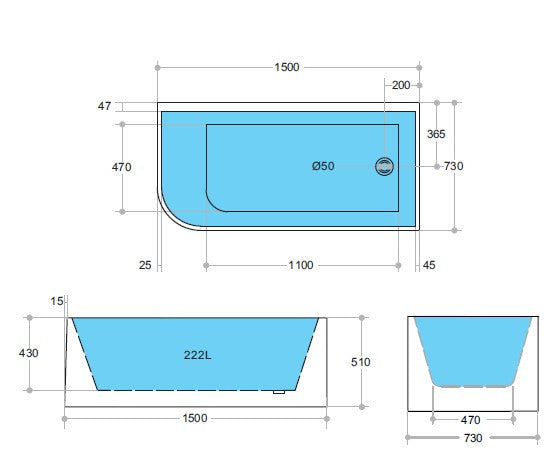 Corner CBT1500R-510 Right Corner BTW Bathtub NON OVERFLOW 1500*730*510mm