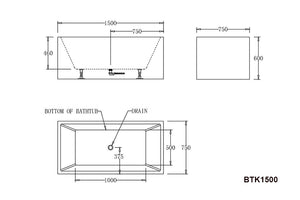 BTK1500 Kansas CORNER BATHTUB 1500x750x600MM